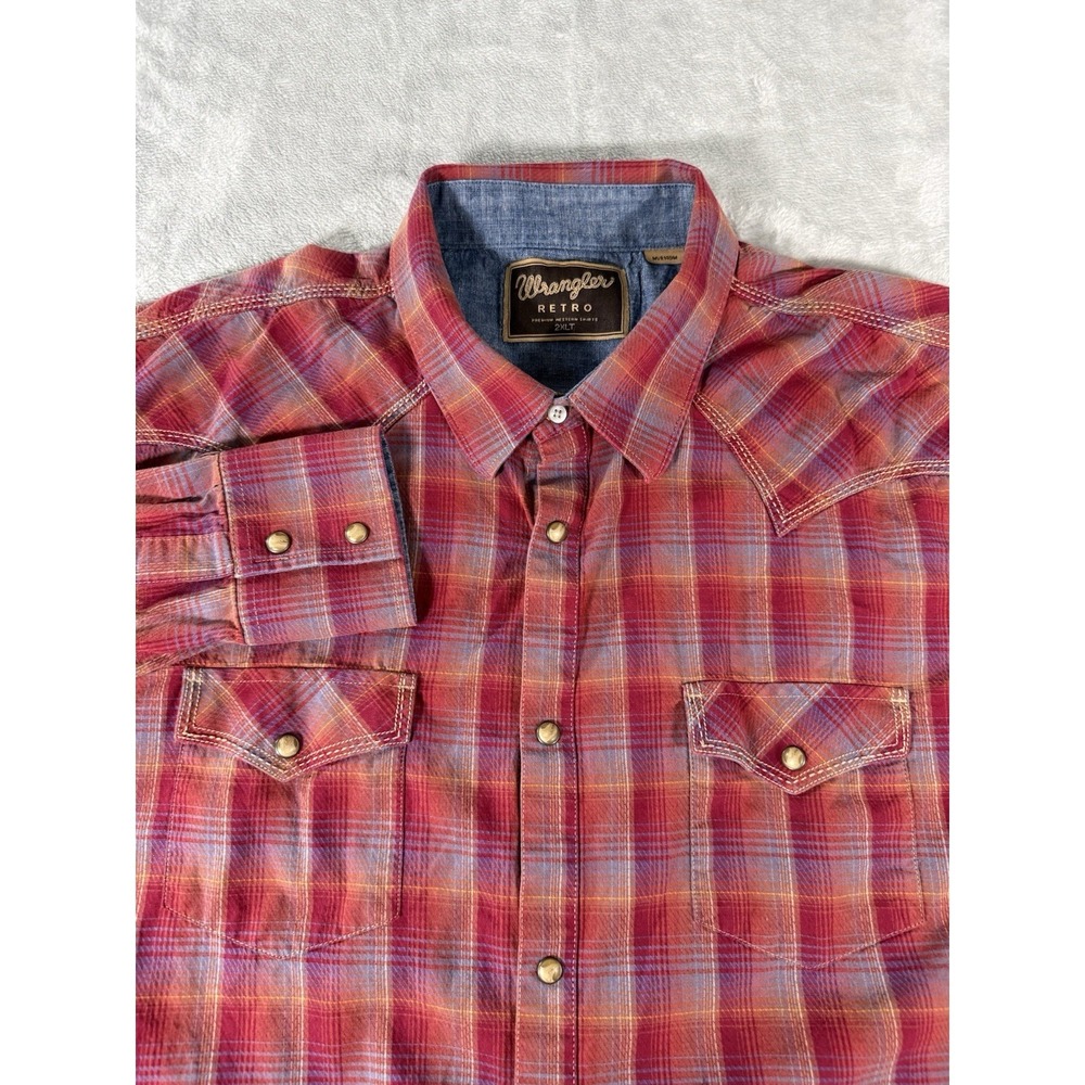 Wrangler Retro Shirt Mens 2XLT Red Plaid Pearl Snap‎ Western Long Sleeve Cowboy